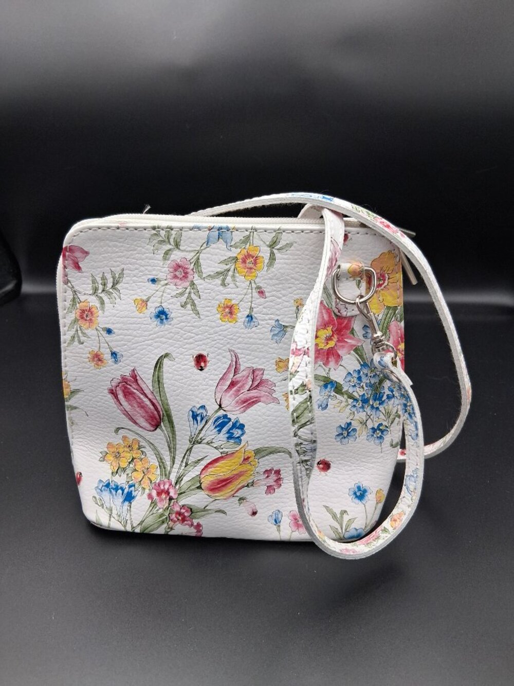 Borse in Pelle Mini Leather Crossbody White Floral Zip Around w Detachable Strap